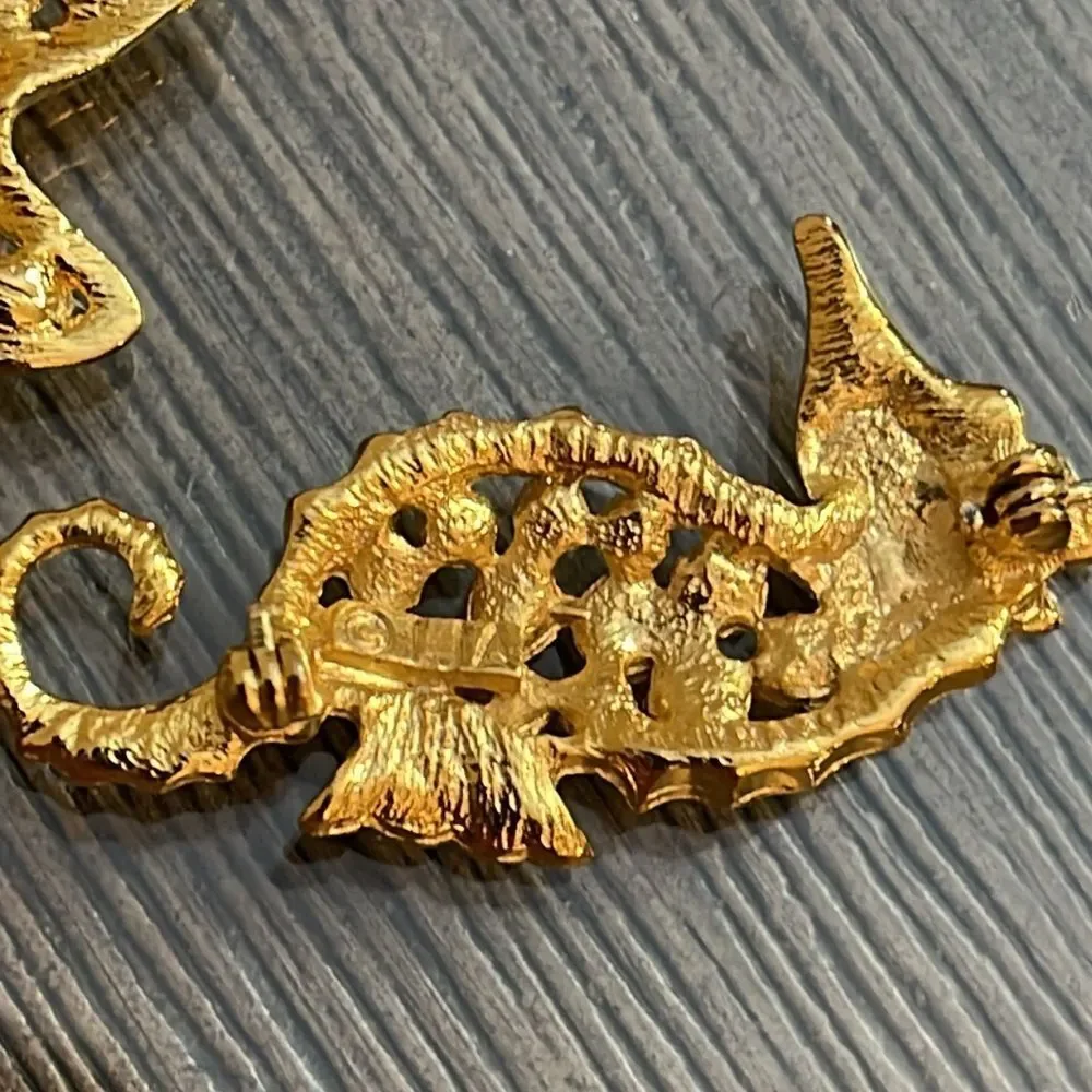 LIA Lianna Stamped 3 Ocean/Sea Themed Gold-tone Brooches w/ Rhinestone Accents